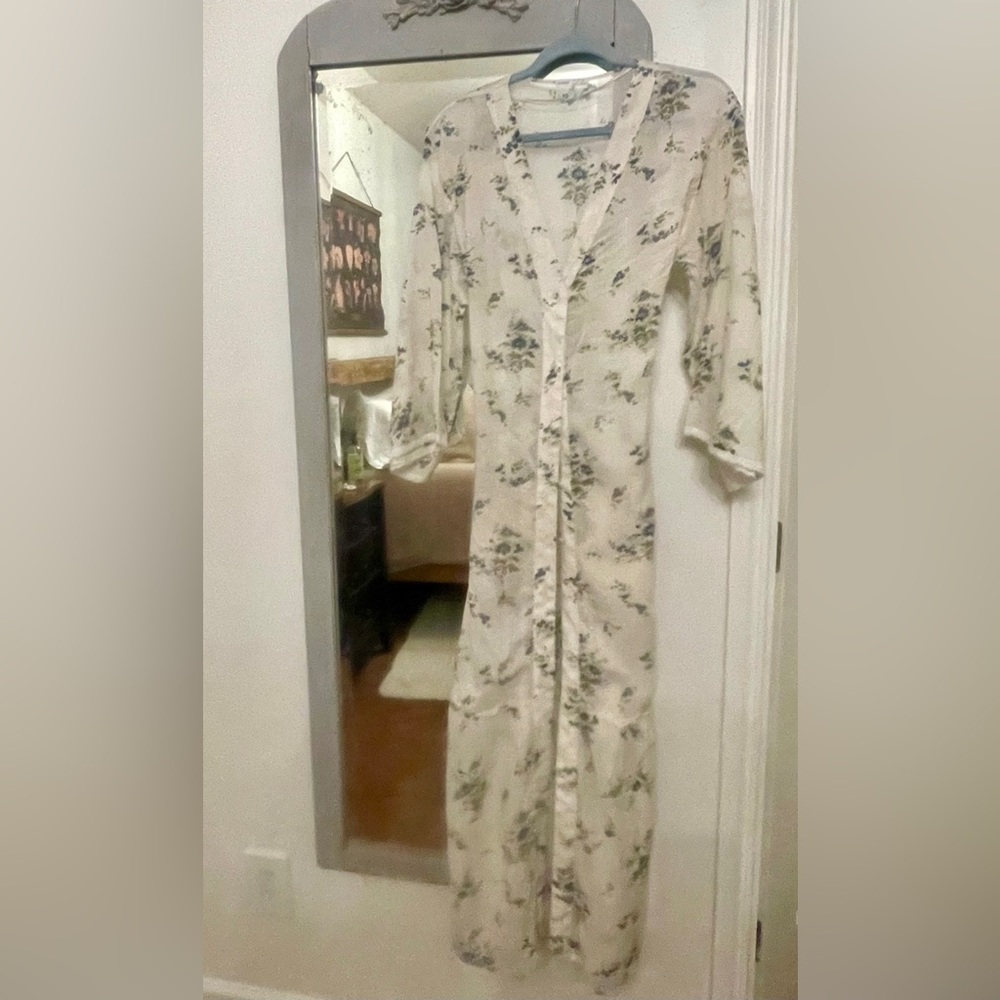 Cream Floral Long Button-Front Swim Coverup